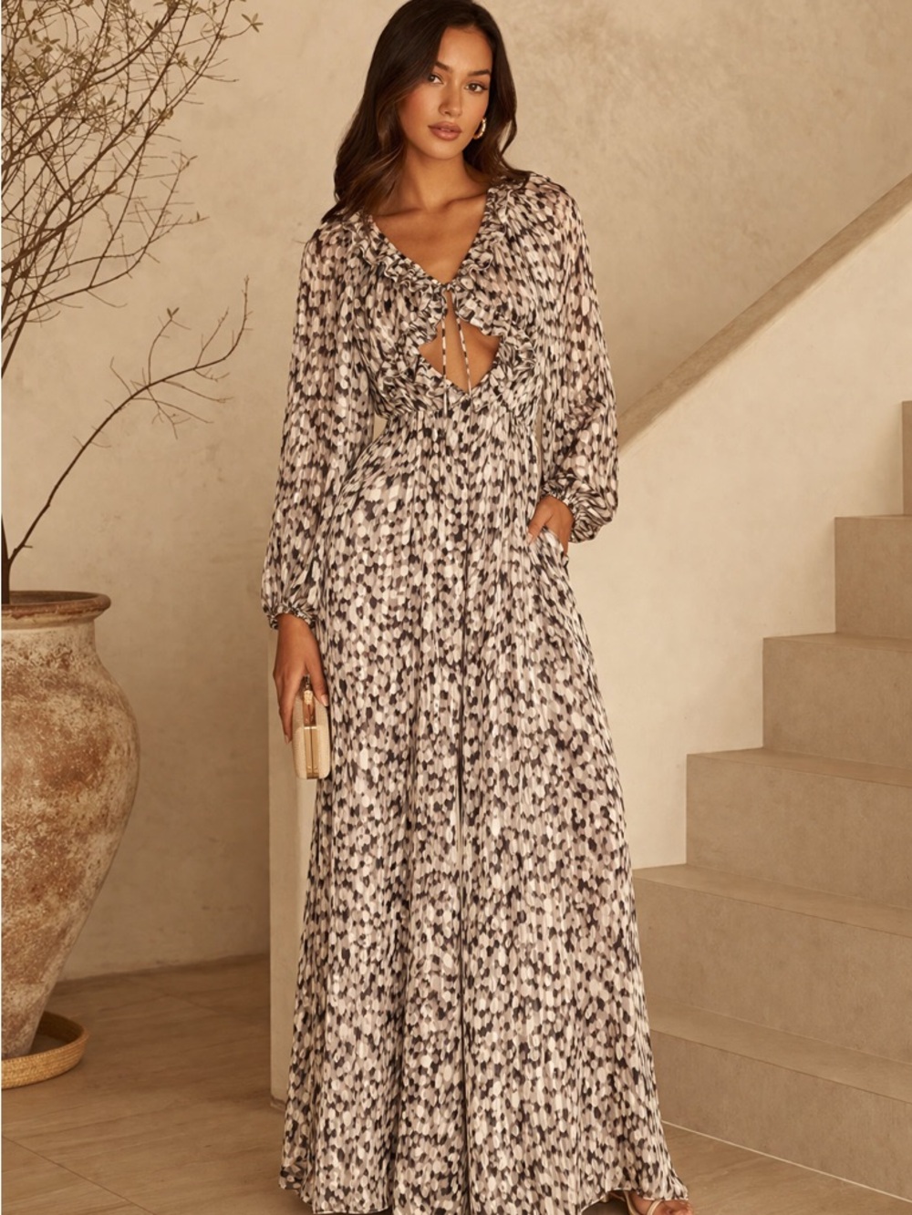 NWOT THE SANG  Printed Long Sleeve Maxi Jumpsuit  with Tie Front - Size S